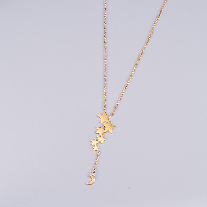 Einfache Halskette mit Stern- und Mond-Anhänger aus Edelstahl, vergoldet, 1 Stück