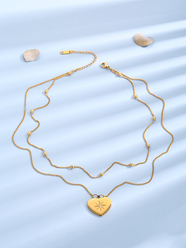Elegante Damen-Halskette in Herzform, Edelstahl, Polierbeschichtung, Inlay, Zirkon, 18 Karat vergoldet, mehrschichtige Halsketten