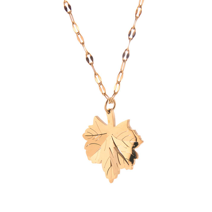 Colar elegante com pingente de ouro incrustado em aço inoxidável com folhas