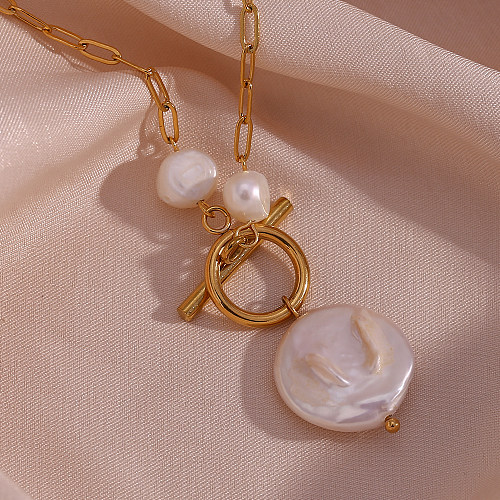 Collier pendentif irrégulier en acier inoxydable, Style français, avec perles d'eau douce, placage à bascule, plaqué or 18 carats, Style Vintage