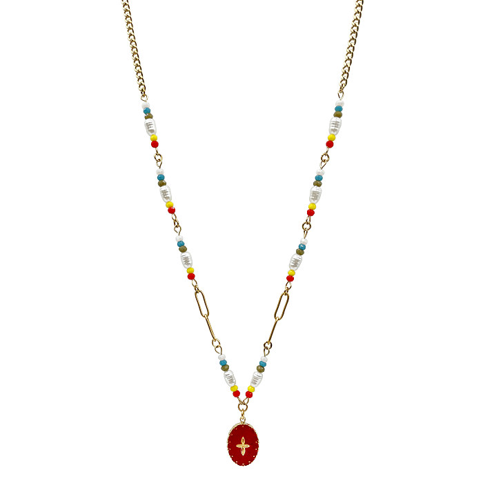 Urlaub Süße vierblättrige Kleeblatt-Anhänger-Halskette aus ovalem Edelstahl mit Perlenimitat, Emaille-Beschichtung, vergoldet