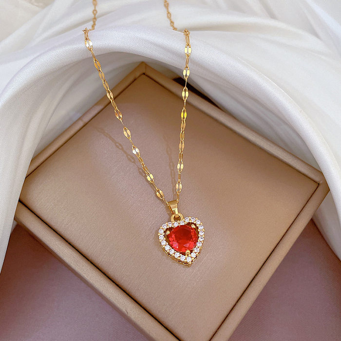 Fashion Heart Shape Stainless Steel Copper Plating Hollow Out Inlay Zircon Pendant Necklace