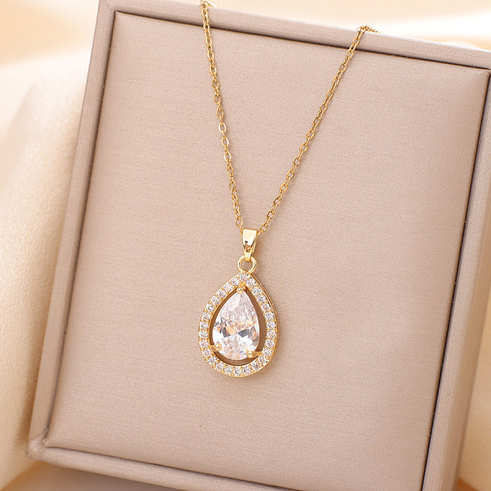 Casual Simple Style Water Droplets Heart Shape Flower Stainless Steel Plating Inlay Opal Zircon Pendant Necklace