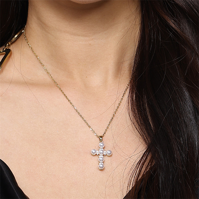 Collier avec pendentif en perles plaqué or 18 carats, croix de Style Simple, en acier inoxydable et en laiton, en vrac