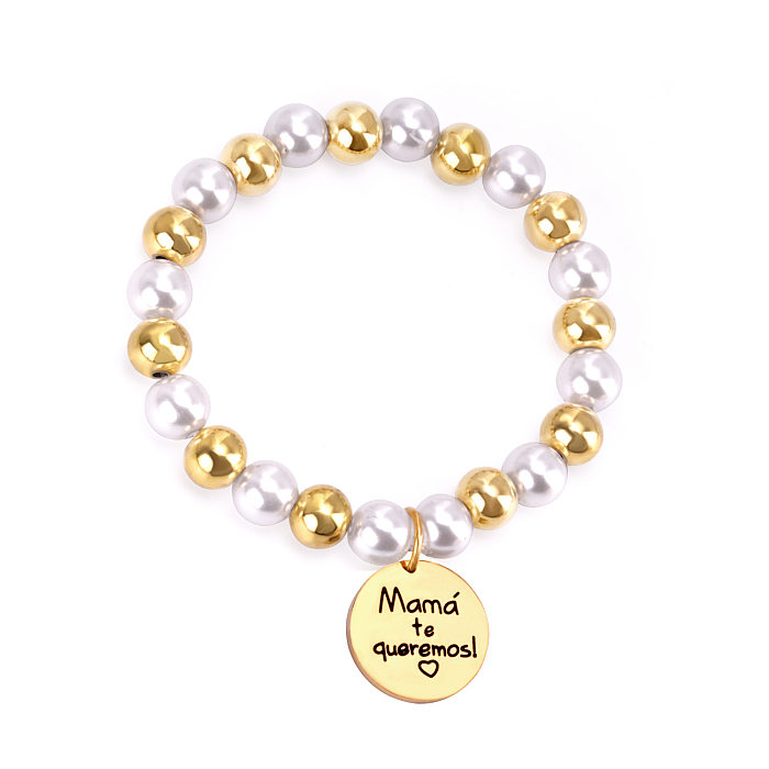 Sweet Letter Heart Shape Stainless Steel Imitation Pearl Beaded Plating Bracelets