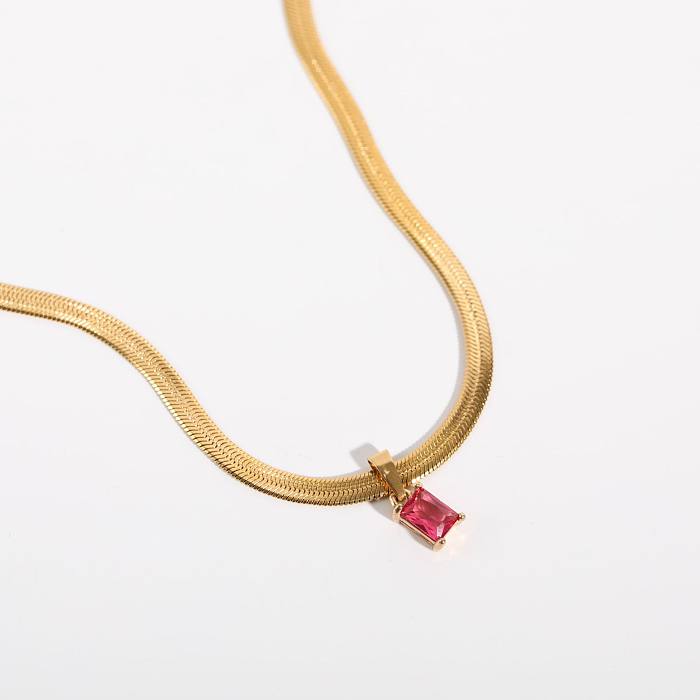 Small Design Sense Edelstahl-Halskette mit geometrischem quadratischem Zirkon, kleine quadratische Diamant-Halskette, 3 mm breite, flache Schlangenkette, Pulloverkette