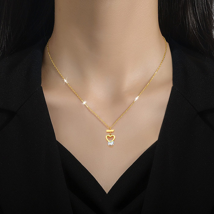 Damen-Anhänger-Halskette in Herzform, Edelstahl-Beschichtung, Intarsien, Zirkon, vergoldet