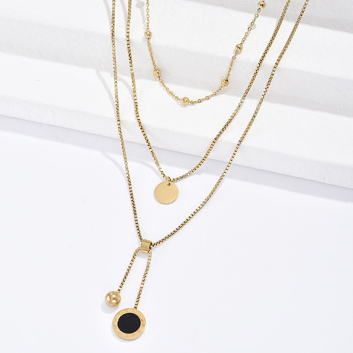 Stainless Steel Plated 14K Gold Fashion Personality Round Roman Numerals Black Shell Three Layer Necklace
