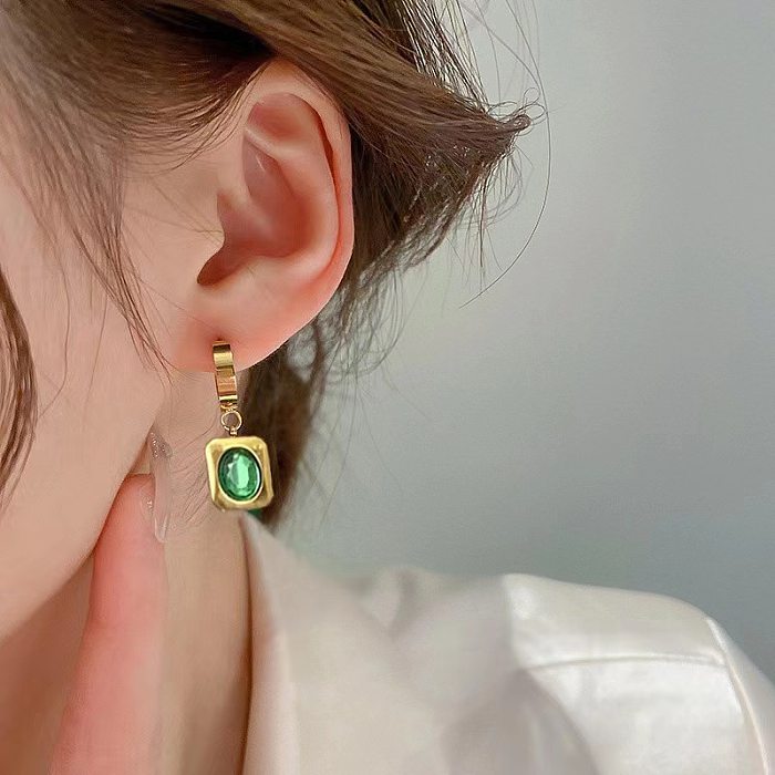 1 paire de boucles d'oreilles pendantes plaquées or 18 carats, Style Simple, incrustation carrée en acier inoxydable et Zircon