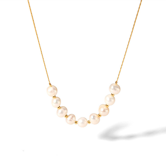 Lady Solid Color Stainless Steel  Freshwater Pearl Beaded Plating 18K Gold Plated Necklace