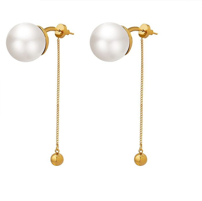 Wholesale 1 Pair Elegant Round Tassel Stainless Steel 18K Gold Plated Artificial Pearls Drop Earrings