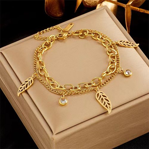 Simple Style Commute Leaves Titanium Steel Hollow Out Inlay Artificial Rhinestones 18K Gold Plated Bracelets