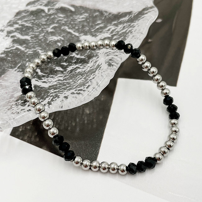 Simple Style Round Color Block Stainless Steel Artificial Crystal Beaded Bracelets