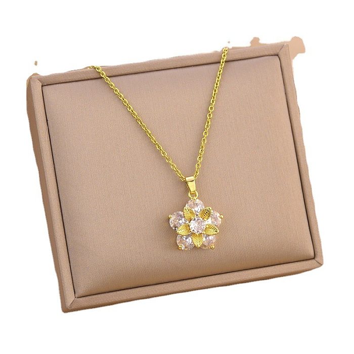 Fashion Flower Stainless Steel Inlay Zircon Pendant Necklace 1 Piece