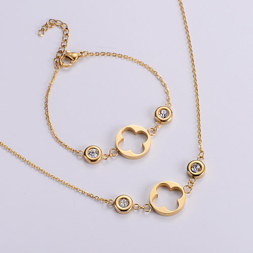 Conjunto de colar de pulseira de zircão fashion conjunto de pulseira de flor de aço de titânio