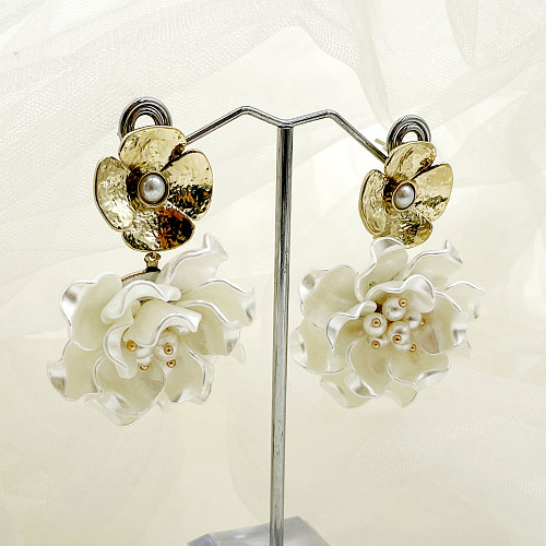 1 paire de boucles d'oreilles élégantes en forme de fleur, en acier inoxydable, Imitation acrylique, plaqué or, goutte d'eau