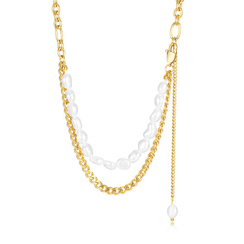 Collier de perles d'imitation géométrique en acier inoxydable, placage de pompon superposé, colliers en acier inoxydable