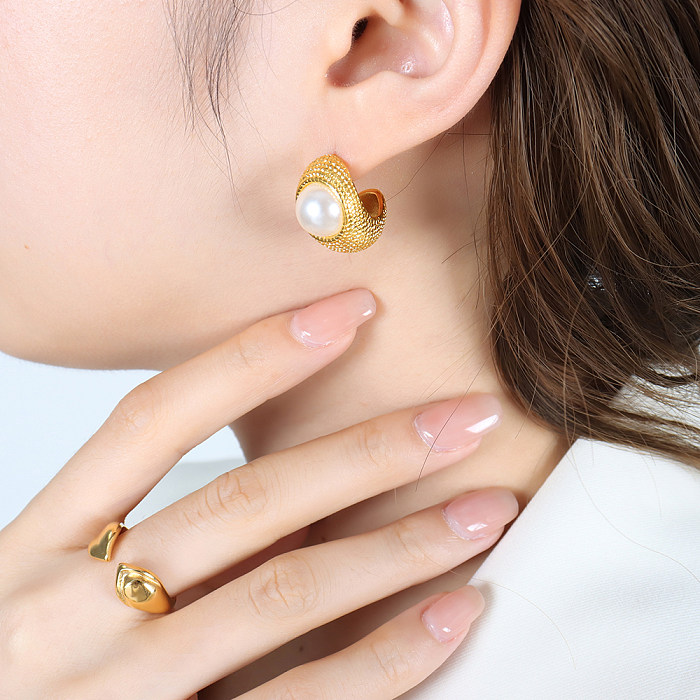 1 Pair Elegant Baroque Style C Shape Plating Inlay Stainless Steel Artificial Pearls 18K Gold Plated Ear Studs