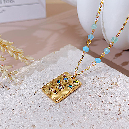 Vintage Style Square Stainless Steel Beaded Inlay Zircon Pendant Necklace