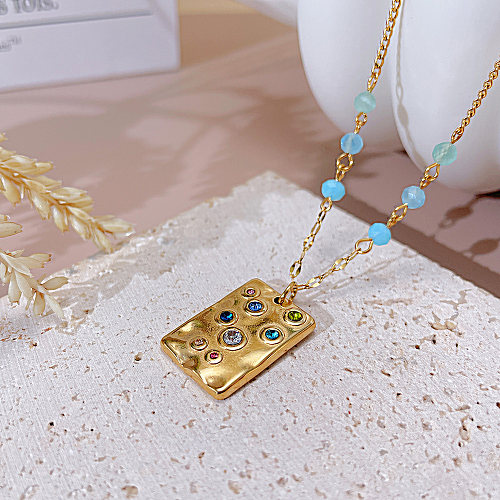 Collier avec pendentif carré en acier inoxydable, Style Vintage, incrustation de perles en Zircon