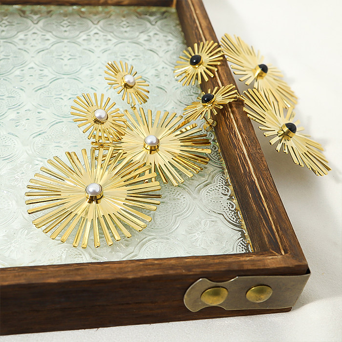 1 Paar übertriebene Blumen-Ohrringe im Vintage-Stil mit Intarsien aus Naturstein und Perlen aus Edelstahl mit 14-Karat-Vergoldung