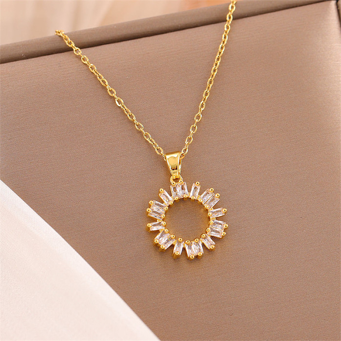 Simple Style Circle Heart Shape Flower Stainless Steel  Stainless Steel Plating Inlay Zircon 18K Gold Plated Pendant Necklace