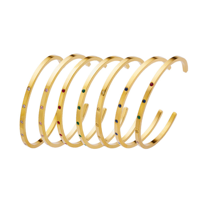 Basic C Shape Titanium Steel 18K Gold Plated Zircon Cuff Bracelets In Bulk