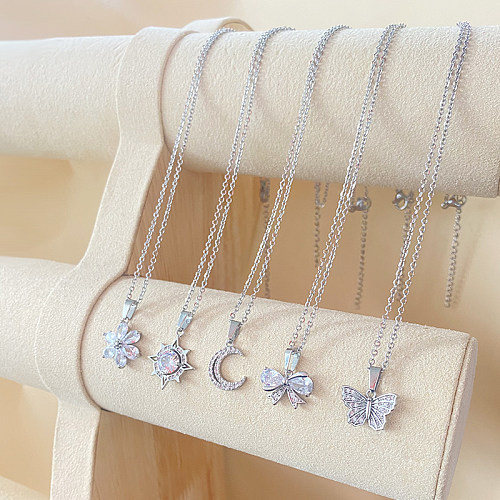 Elegant Luxurious Shiny Moon Butterfly Bow Knot Stainless Steel  Copper Epoxy Plating Inlay Rhinestones Zircon White Gold Plated Pendant Necklace