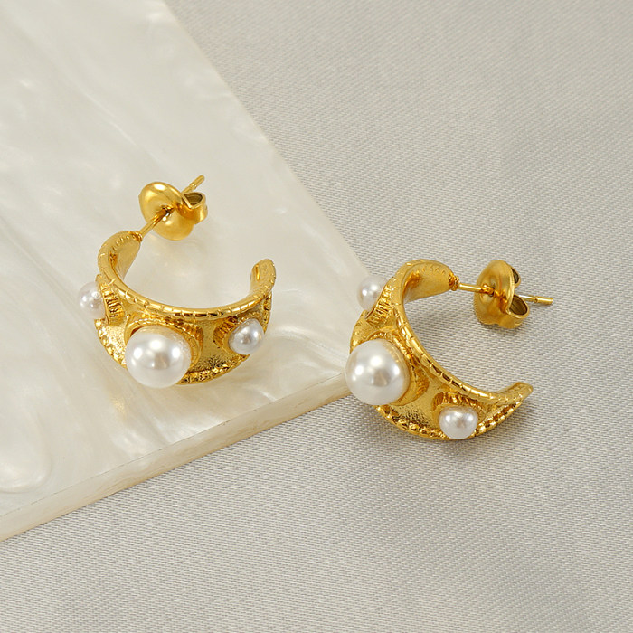 1 Paar Ohrstecker im Vintage-Stil mit einfarbiger Beschichtung und Inlay aus Edelstahl mit künstlichen Perlen und 18 Karat vergoldet
