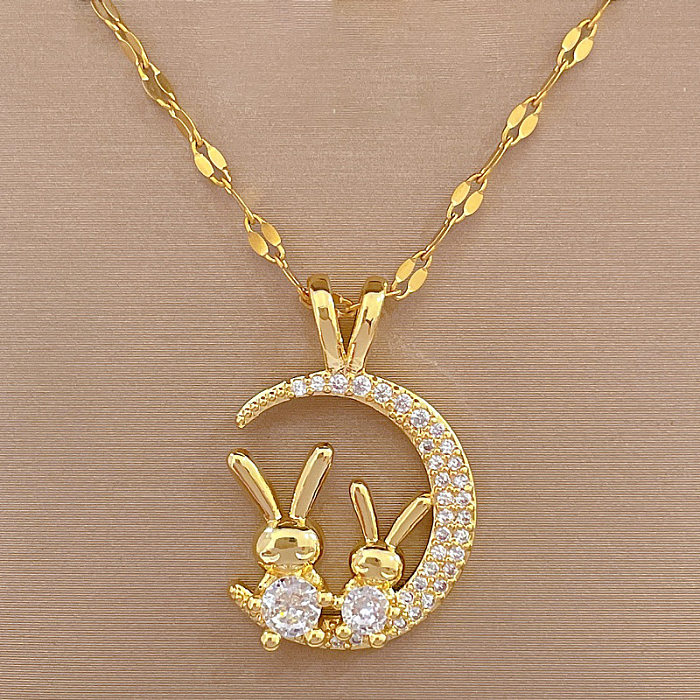 Cartoon Style Rabbit Moon Stainless Steel Copper Inlay Rhinestones Pendant Necklace