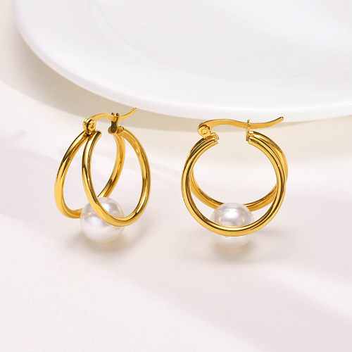 1 Paar elegante, kreisplattierte Inlay-Ohrringe aus Edelstahl im französischen Stil mit 18 Karat vergoldeten Perlen