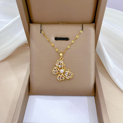 Collar con colgante de circonita y perlas artificiales con incrustaciones de cobre de acero inoxidable mariposa estilo coreano IG