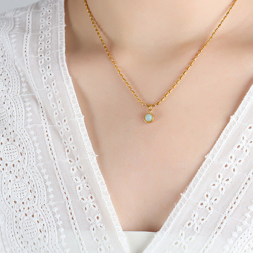Elegant Round Stainless Steel Inlay Natural Stone 18K Gold Plated Pendant Necklace