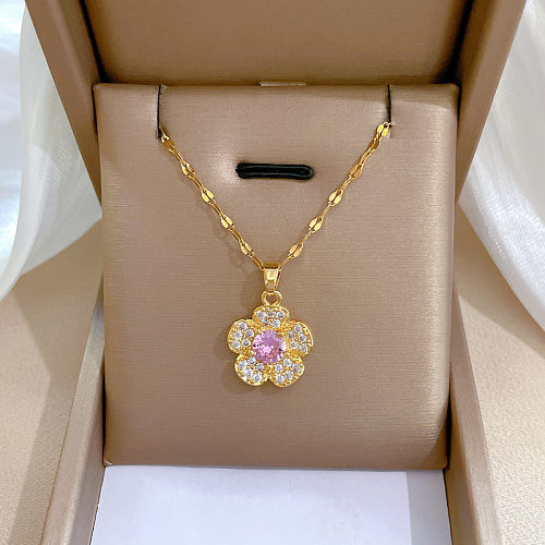 Fashion Flower Stainless Steel Copper Plating Inlay Rhinestones Pendant Necklace