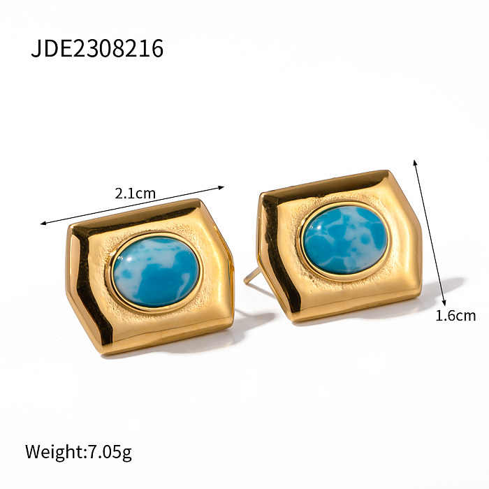 1 par de brincos de orelha banhados a ouro 18K, estilo IG, estilo simples, revestimento geométrico, incrustação de aço inoxidável, pedra padrão mar