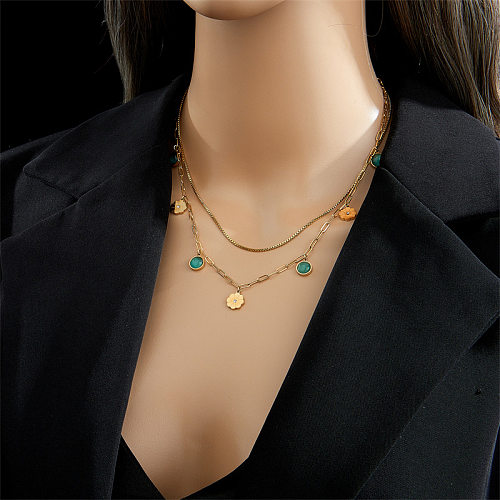 Simple Style Round Flower Stainless Steel Inlay Rhinestones Opal 18K Gold Plated Layered Necklaces
