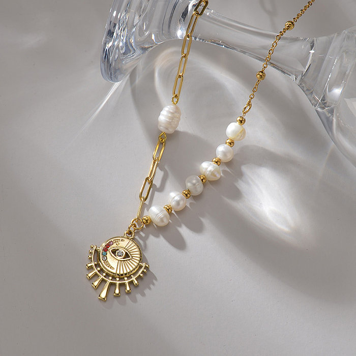 Fashion Eye Edelstahlüberzug Künstliche Perlen Strass Anhänger Halskette