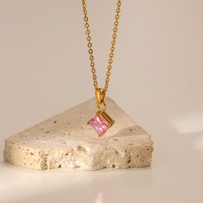 Fashion Geometric Gold-plated Stainless Steel  Pink Diamond Zircon Necklace