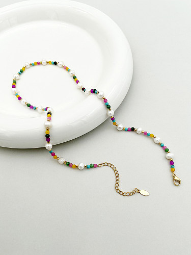 Vacation Colorful Stainless Steel  Crystal Beaded Polishing Plating Gold Plated Necklace