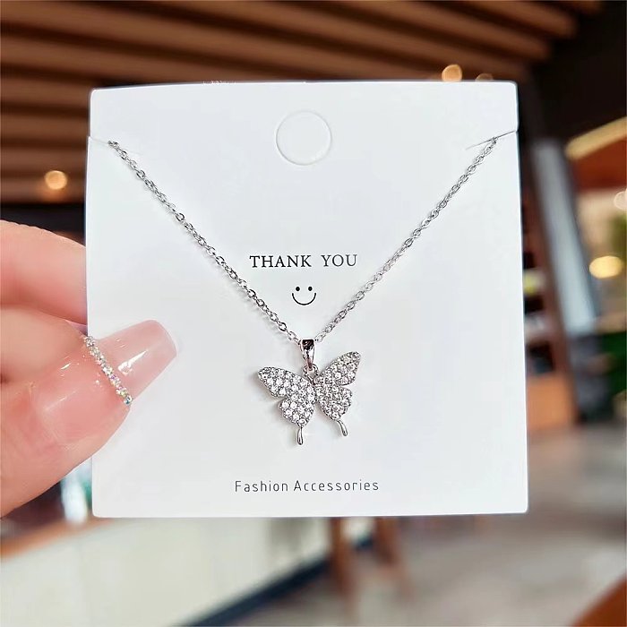 Sweet Simple Style Butterfly Stainless Steel Artificial Gemstones Pendant Necklace In Bulk