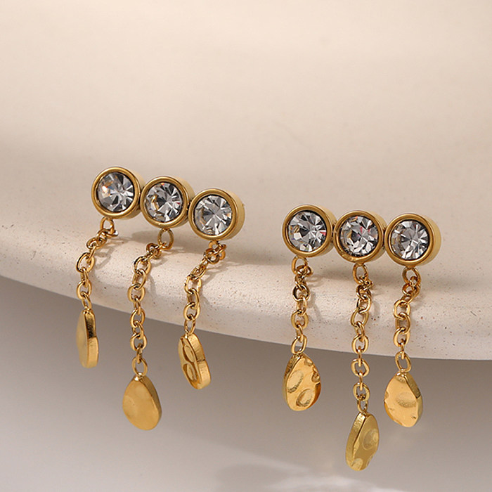 Fashion Round Water Droplets Stainless Steel Tassel Zircon Drop Earrings 1 Pair