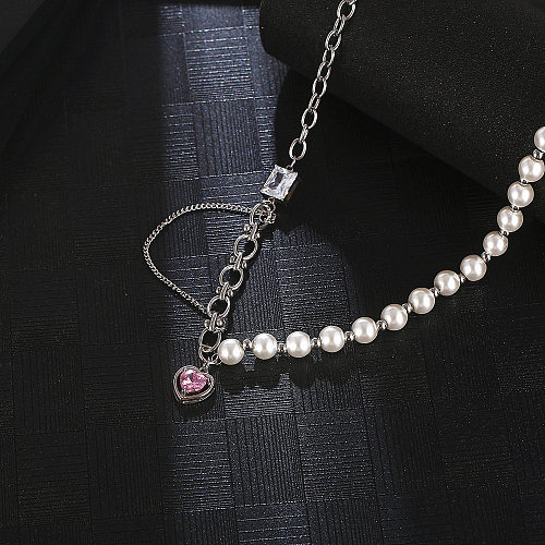 Hip-Hop Cool Style Heart Shape Stainless Steel Pearl Chain Inlay Zircon Pendant Necklace