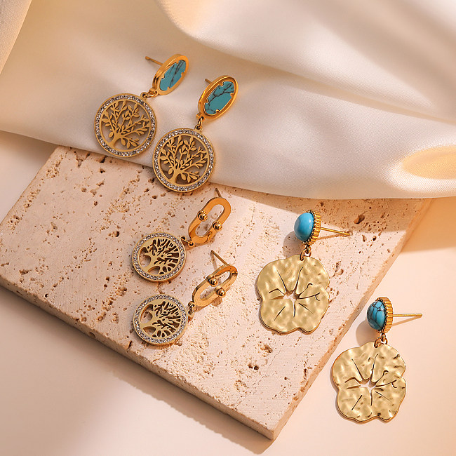Boucles d'oreilles pendantes en acier inoxydable, 1 paire, Style Simple, Bc1035, incrustation d'arbre porte-bonheur, Zircon Turquoise, plaqué or 18 carats