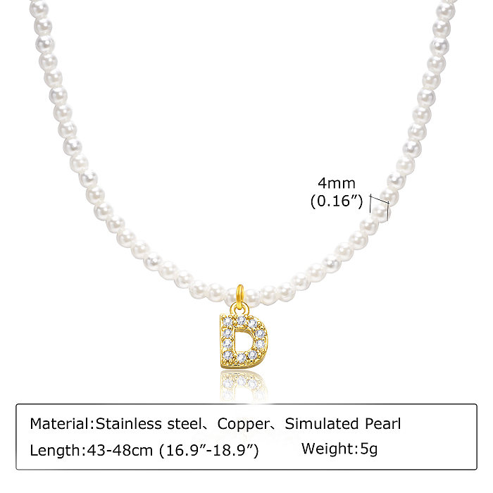 IG Style Style baroque Lettre de style français en acier inoxydable Placage de perles artificielles Incrustation de zircon Collier pendentif plaqué or 18 carats