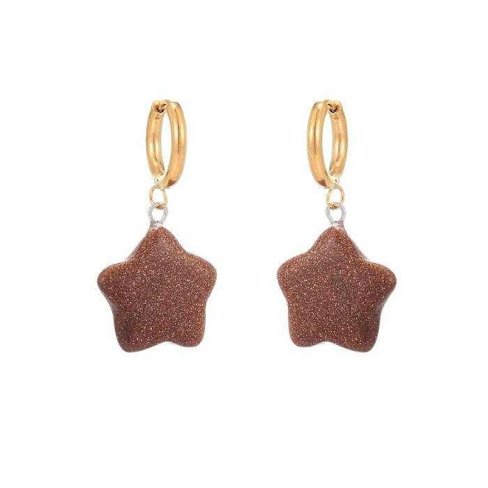 Boucles d'oreilles pendantes classiques rétro, 1 paire, incrustation d'étoiles en acier inoxydable, pierre naturelle plaquée or 18 carats