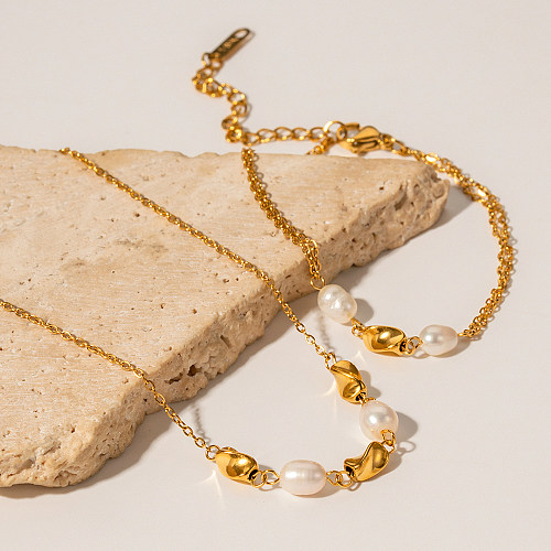 Runde Halskette im IG-Stil mit Intarsienperle aus Edelstahl und 18-Karat-Vergoldung