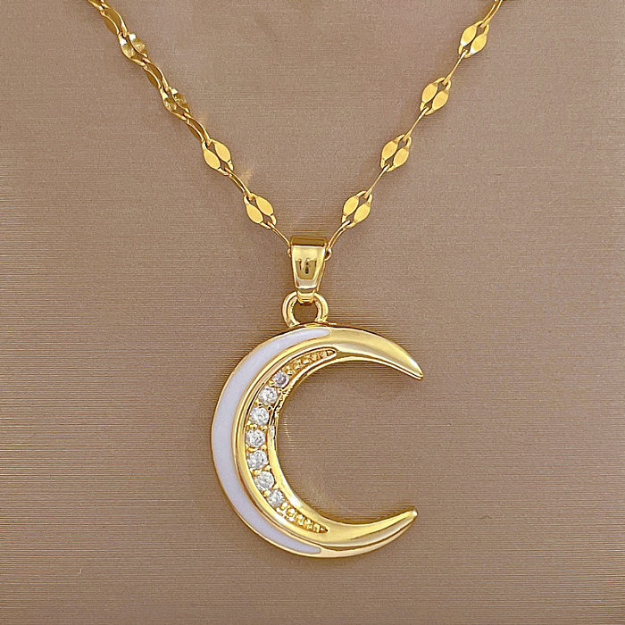 Simple Style Moon Stainless Steel  Copper Inlay Zircon Pendant Necklace