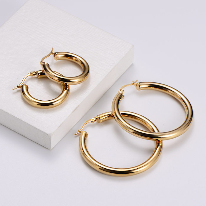 Simple Stainless Steel  Polished Plating 18k Gold Thick Round Line Hollow Big Hoop Earrings