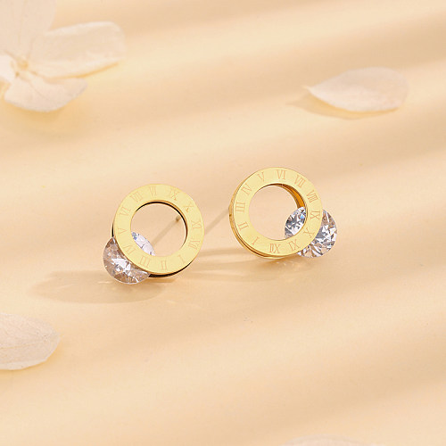 1 Pair Casual Simple Style Number Plating Inlay Stainless Steel Artificial Gemstones 18K Gold Plated Ear Studs