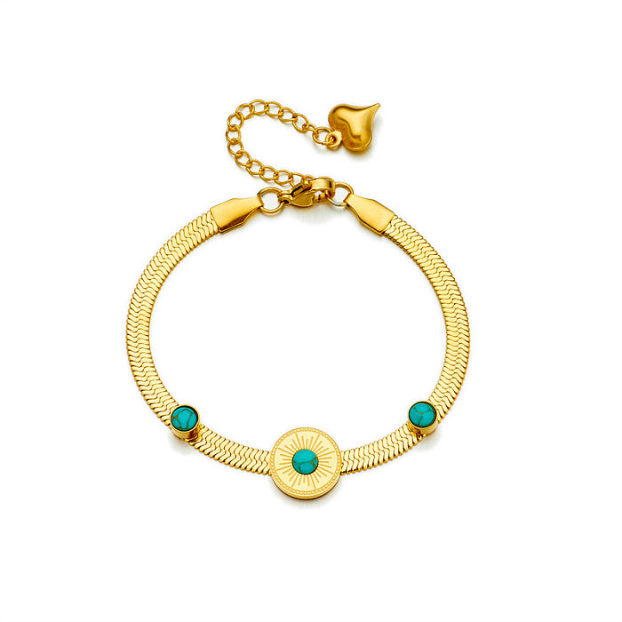Vintage Style Round Titanium Steel Inlay Turquoise 18K Gold Plated Bracelets